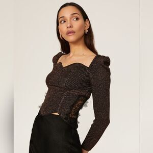 Elliatt Silver Metallic Cassie Stretchy Lace Panel Puff Sleeve Blouse Size M